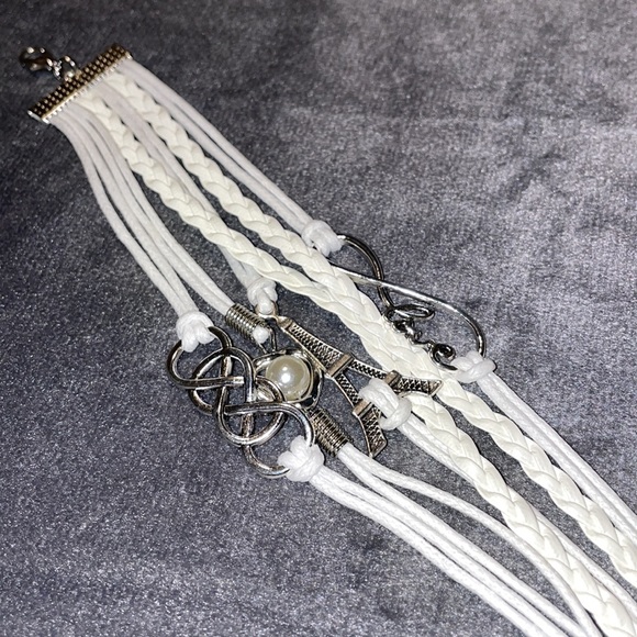 Multi Braid Bracelet Infinity Love Braid Eiffel Tower Faux Pearl Lobster Clasp - Picture 5 of 6